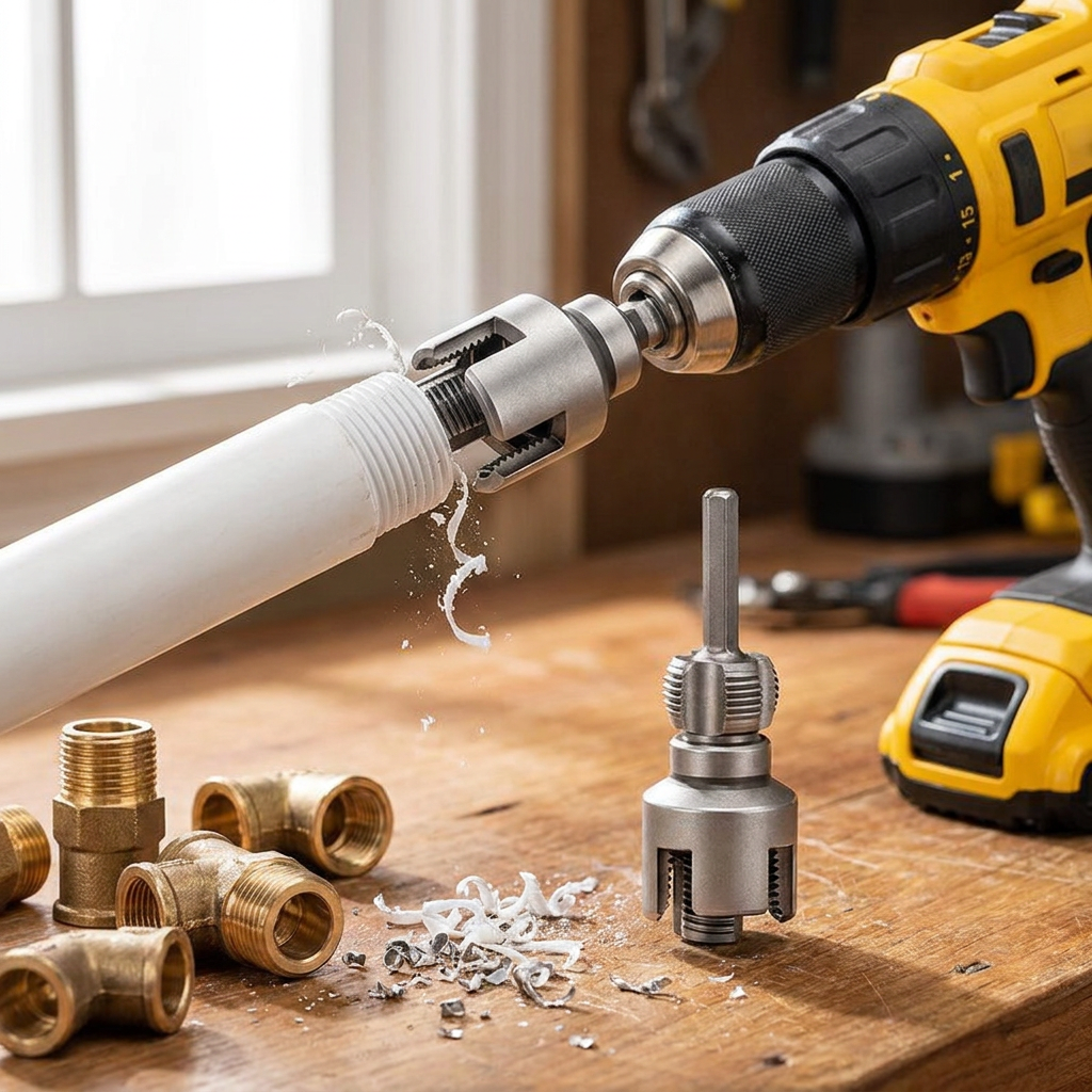 Pipe threader cutting clean threads on a PVC pipe with a drill