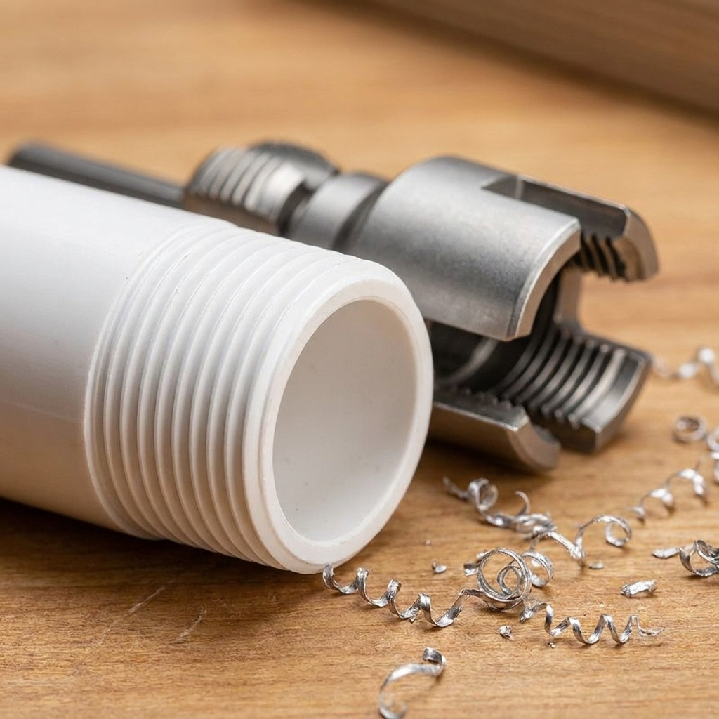 Close-up of clean threads cut on a PVC pipe